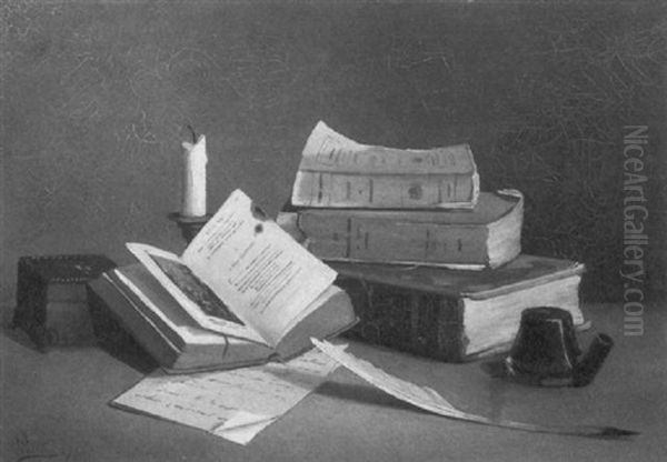 Still Life With Books And A Quill Oil Painting by Henri-Louis Foreau