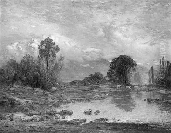 Abendliche Stimmung Am Fluss Mit Kuhen by Henri-Louis Foreau