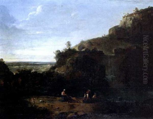 Le Repos Des Paysans Devan Une Cascade Oil Painting by Jean Baptiste Forest