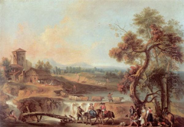 Sudlandische Hugellandschaft Mit Bauern Und Reisenden Zu Pferde Oil Painting by Jean Baptiste Forest