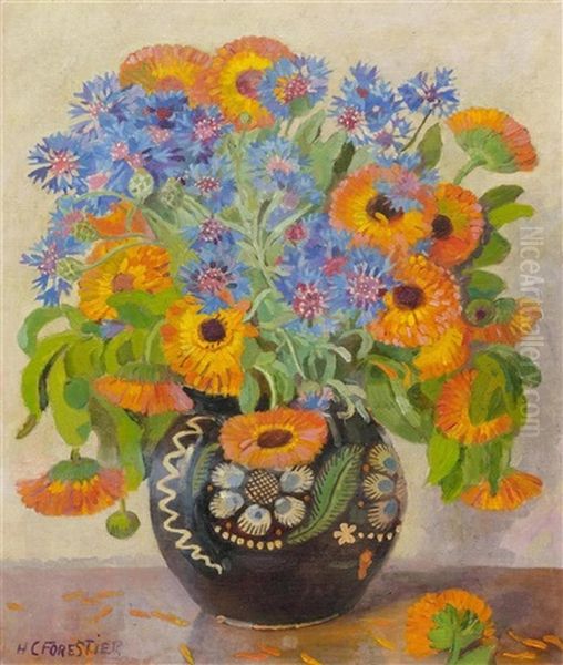 Still Life Of Garden Flowers Oil Painting by Henri Joseph De Forestier