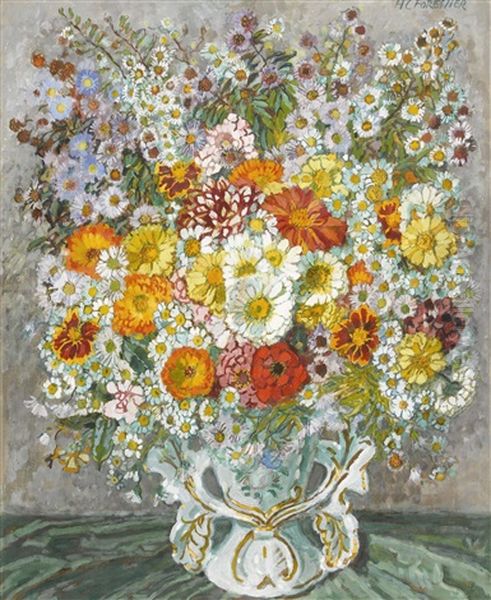 Uppiges Blumenbouquet In Porzellanvase Oil Painting by Henry-Claudius Forestier