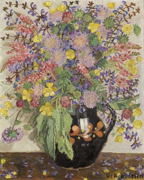 Stillleben Mit Wiesenblumen In Bauchigem Krug Oil Painting by Henry-Claudius Forestier