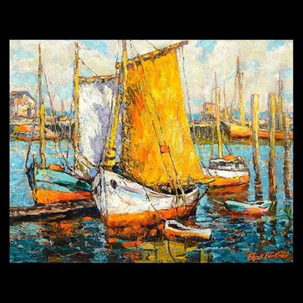 Ships In Marina Oil Painting by J. Edgar Forkner