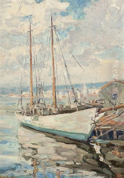 Sailboat In A Harbor Oil Painting by J. Edgar Forkner