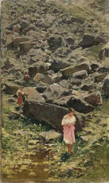 Felsige Landschaft Mit Jungen Frauen Am Bachufer Oil Painting by Achille Formis