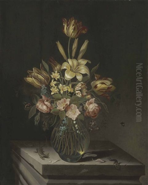 Tulips, Lilies, Anemones, Roses, A Lily Of The Valley And Other Flowers In A Glass Vase On A Stone Plinth With A Butterfly, A Bee, A Lizard And A Snail Oil Painting by Jan Baptist Fornenburgh