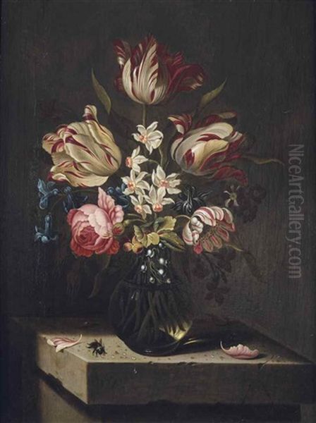 Tulips, A Rose, An Anemone, Hyacinths, Narcissi, Lily Of The Valley, Morning Glory And A Violet In A Glass Vase On A Stone Pedestal Oil Painting by Jan Baptist Fornenburgh