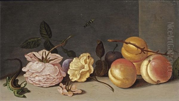 A Lizard, Rose, Peaches And Other Flowers On A Stone Ledge Oil Painting by Jan Baptist Fornenburgh