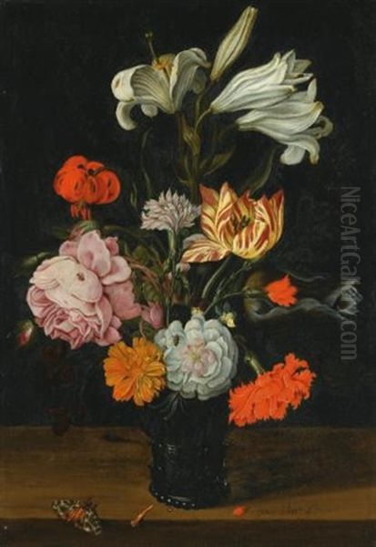 A Still Life With Flowers In A Glass Roemer, On A Ledge With Fallen Petals Oil Painting by Jan Baptist Fornenburgh