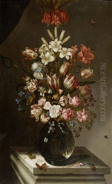 Blumenstilleben In Einer Glasvase Mit Eidechse Und Schmetterling Oil Painting by Jan Baptist Fornenburgh