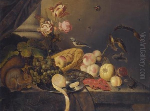 A Still Life With A Lemon, Apples, Peaches, Grapes, A Lobster, And A Vase Of Tulips On A Table With A Squirrel, A Bird, And A Lizard Oil Painting by Jan Baptist Fornenburgh