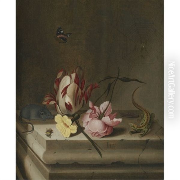 Still Life With A Parrot Tulip, A Pink Rose, A Mouse, A Lizard And A Bee On A Stone Pedestal, With A Red Admiral And A Spider On Its Web Above Oil Painting by Jan Baptist Fornenburgh