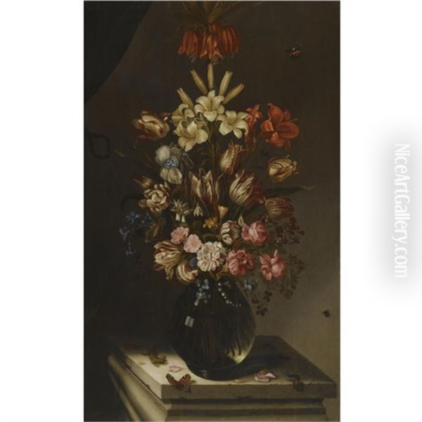 A Still Life Of Roses, Tulips, Lillies And Other Flowers In A Glass Vase On A Stone Plinth With A Lizard And A Butterfly Oil Painting by Jan Baptist Fornenburgh