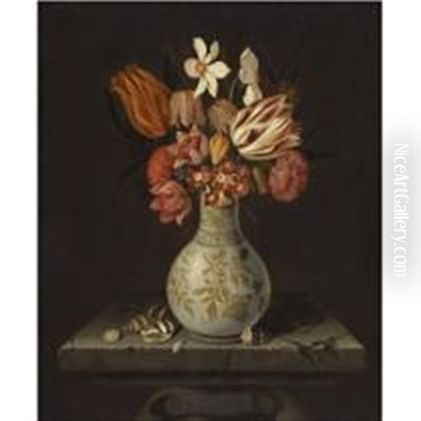 Still Life With Tulips, Crocuses, Primroses And Other Flowers In A Vase On A Stone Plinth With Shells Oil Painting by Jan Baptist Fornenburgh