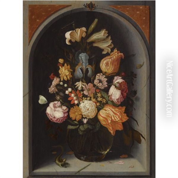 A Still Life Of Tulips, Lilies, Moss Roses, An Iris And Other Flowers In A Glass Vase In A Marble Niche, With Butterflies And A Lizard Oil Painting by Jan Baptist Fornenburgh