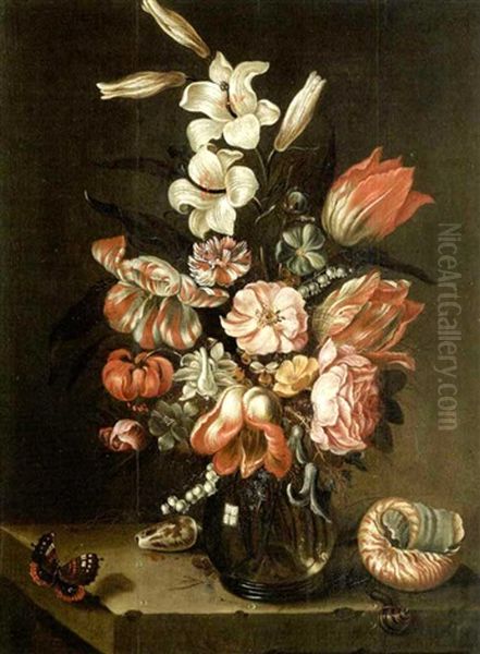 Bouquet De Fleurs Et Coquillage Sur Un Entablement Oil Painting by Jan Baptist Fornenburgh