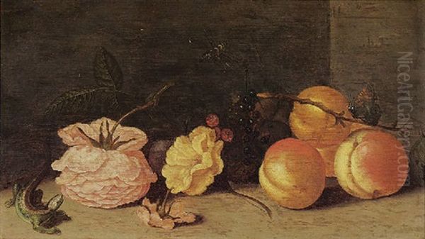 A Still Life With Fruit, Roses, A Butterfly, A Dragonfly And A Green Lizard Oil Painting by Jan Baptist Fornenburgh