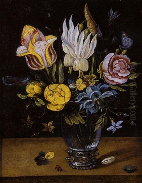 Vase De Fleurs, Fleurs Et Insectes Sur Un Entablement Oil Painting by Jan Baptist Fornenburgh