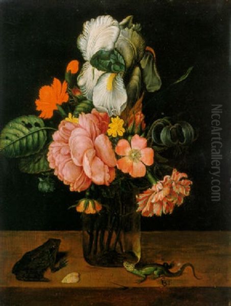 Flowers In A Glass Vase On A Ledge With A Frog And A Lizard Oil Painting by Jan Baptist Fornenburgh