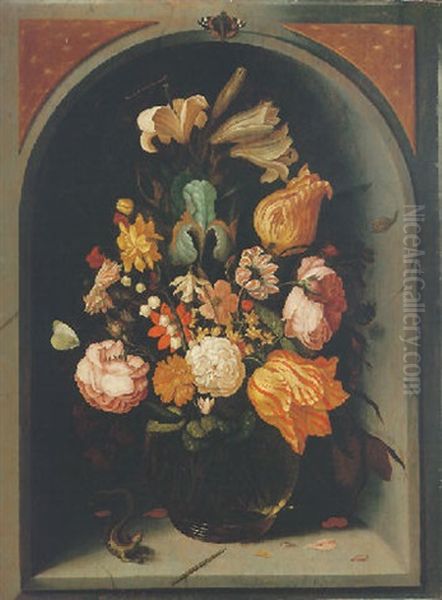 Still Life Of Tulips, Lilies, Moss Roses And Other Flowers In A Glass Vase In A Marble Niche, With Butterflies And A Lizard Oil Painting by Jan Baptist Fornenburgh