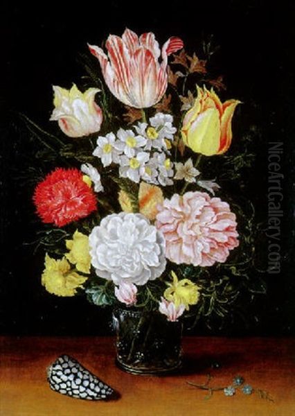 Vase De Roses, Narcisses, Tulipes Sur Un Entablement Oil Painting by Jan Baptist Fornenburgh