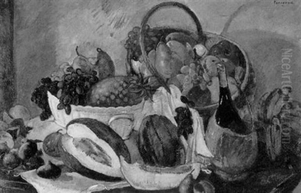 Nature Morte Aux Fruits Dans Une Corbeille Et Une Bouteille Oil Painting by Rodolphe Fornerod