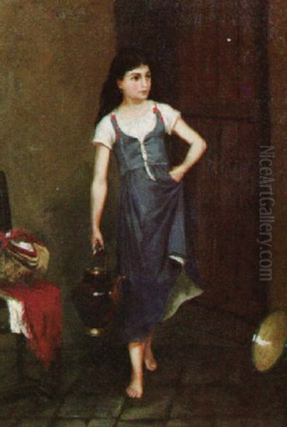 Young Serving Girl Carrying A Large Kettle Oil Painting by Kitty (Tollin-Fornier) Fornier