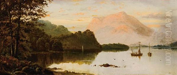 A Wooded Lake Landscape (also Known As Lake Scene With Fishing Boats) Oil Painting by Haughton Forrest