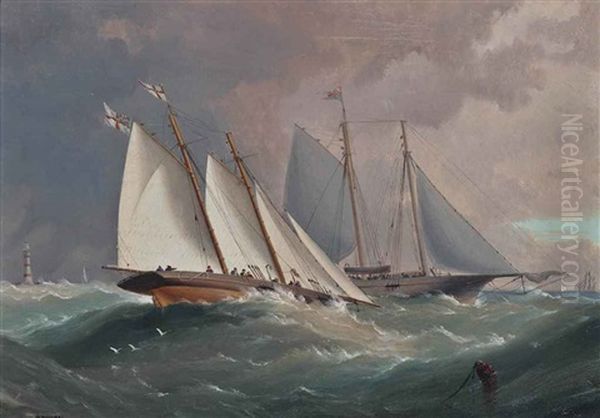 The Royal Yacht Squadron's Cutters Alarm And Esmeralda Off The Eddystone Lighthouse Oil Painting by James Haughton Forrest