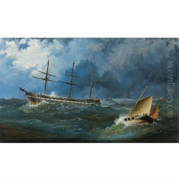 A French Sailing Packet Riding Out A Storm Off Penzance Oil Painting by James Haughton Forrest