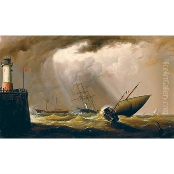 A French Fishing Boat Offshore With Eddystone Lighthouse In The Foreground Oil Painting by James Haughton Forrest