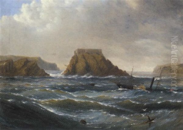 A Paddle Steamer In A Heavy Swell Off A Fortified Rocky Outcrop Oil Painting by James Haughton Forrest