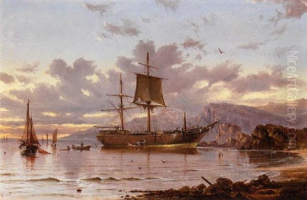 Dawn Breaking Over A Bay With A Ship Moored, (tazmania?) Oil Painting by James Haughton Forrest