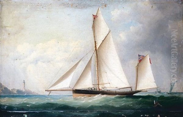 Yacht In Full Sail With Lighthouse In The Background Oil Painting by James Haughton Forrest