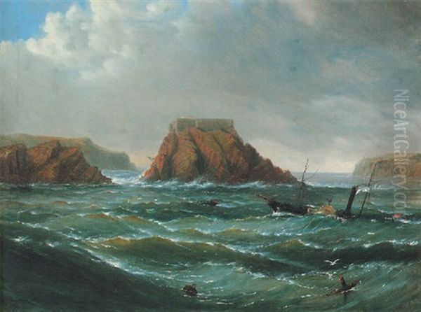 A Paddle Steamer In A Heavy Swell Off A Rocky Outcrop (tenby?) Oil Painting by James Haughton Forrest