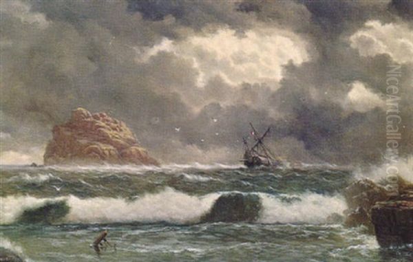 A Ship In Distress Off A Rocky Coastline Oil Painting by James Haughton Forrest