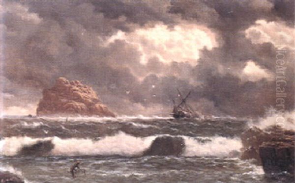 A Ship In Distress Off A Rocky Coastline Oil Painting by James Haughton Forrest