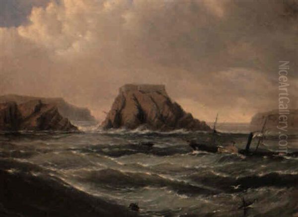 Paddle Steamer Off A Rocky Coastline by James Haughton Forrest