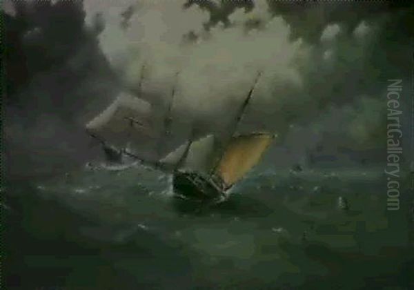 Ships On A Stormy Sea Oil Painting by James Haughton Forrest