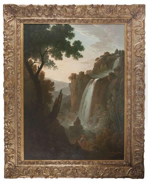 Landscape With Figures Overlooking A Waterfall Oil Painting by James Forrester