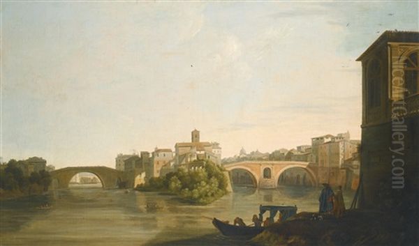 Rome, A View Of The Isola Tiberina And Rome, A View Of The Ponte Rotto (pair) Oil Painting by James Forrester