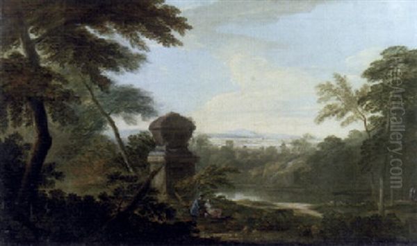 An Italianate Wooded River Landscape With Figures In The Foreground Beside A Tomb Oil Painting by James Forrester