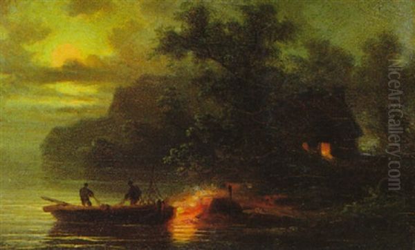 Nachtlicher Fischfang Bei Feuerschein Oil Painting by James Forrester