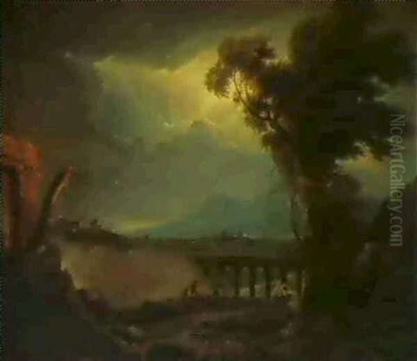 Italianate Landscape By Moonlight With A Viaduct In The     Foreground Oil Painting by James Forrester