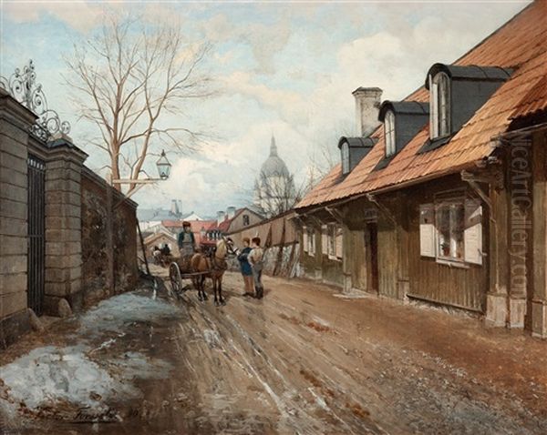 Stigbergsgatan Med Katarina Kyrka (street Scene With Katarina Church In The Background) Oil Painting by Victor Forssell