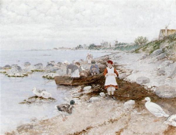 Strandparti Utanfor Visby - Barn Och Ander Oil Painting by Victor Forssell