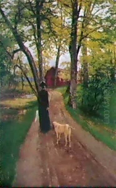 Varpromenad Med Hund Oil Painting by Victor Forssell