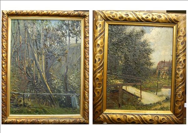 Footbridge Over A Stream, Trees Nearby And A House Beyond (+ Woodland Scene With Willow Trees Beside A Pond; 2 Works) Oil Painting by Arthur Fedor Foerster