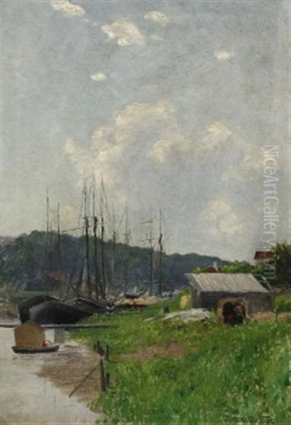 Vor Anker Liegende Segelboote In Sommerlicher Kanallandschaft Oil Painting by Berthold Paul Foerster